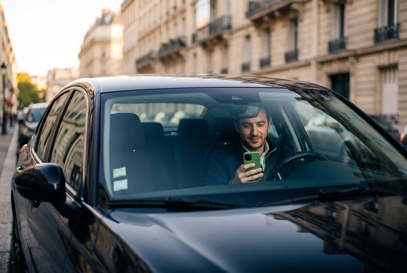 Chauffeur VTC consultant son suivi fiscal sur son téléphone, au volant de sa berline à Paris